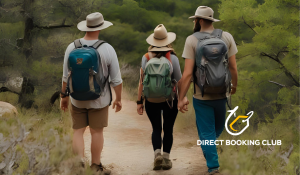 Three friends walking a scenic trail in the Texas Hill Country, enjoying nature and the mental benefits of travel.
