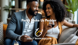 Smiling couple enjoying drinks in a hotel lounge, highlighting the perks of booking direct with Direct Booking Club.